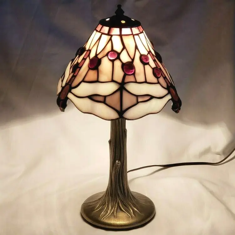 TIFFA MINI Dragonfly Stained Glass Lamp Shade and Brass Tree Base Tiffany Style
