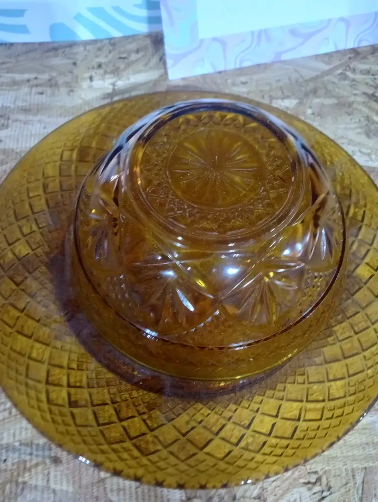 Vintage Amber Glass Bowl & Plate Set (2-Piece)