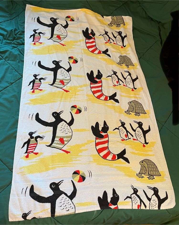 Vintage White Terry Cloth Towel w/ Penguins Beach Balls approx 57” x 34” Summer