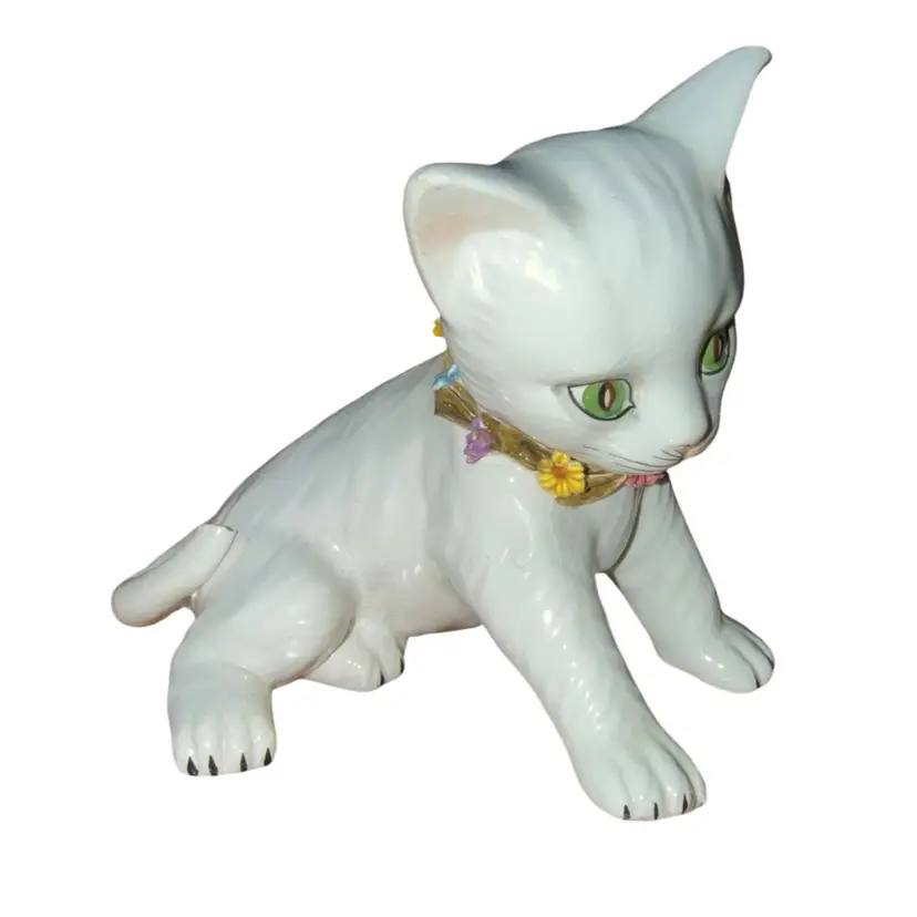 Vintage White Ceramic Cat Statue with Flower Collar Made in Italy *read