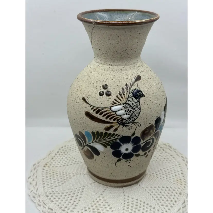 8.5” Tonala Vase With Bird Motif- Repair To Neck/top