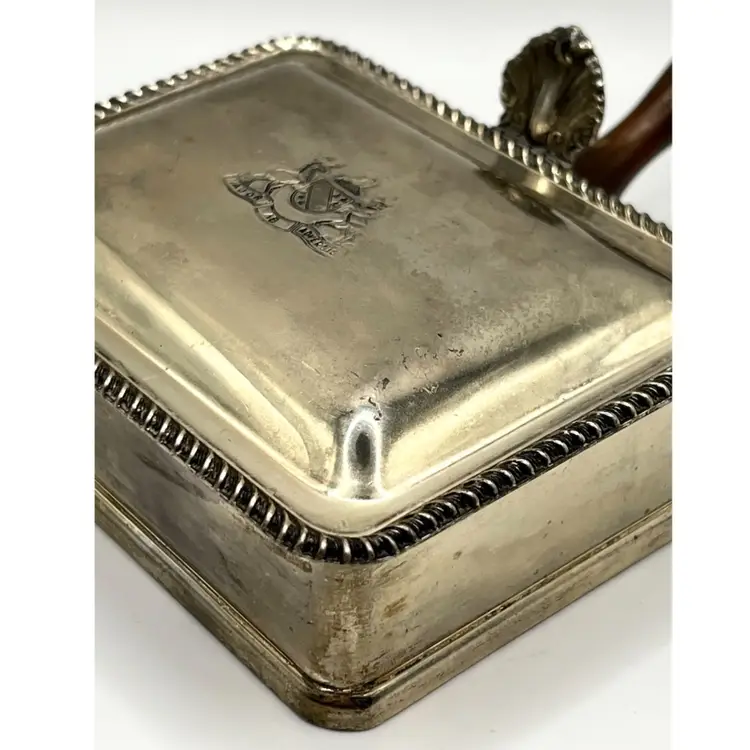 F.B. Rogers Silver Plated Silent Butler Crumbs Rectangle Tray with Lid Wooden Handle Japan 4x3 in