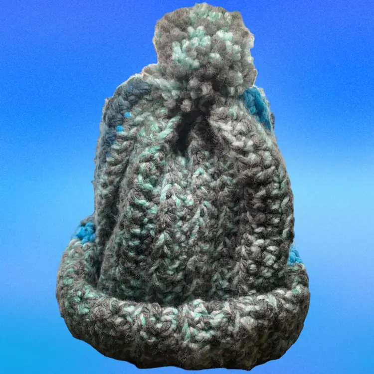 Thick Crocheted Multicolored Winter Hat With Pompom
