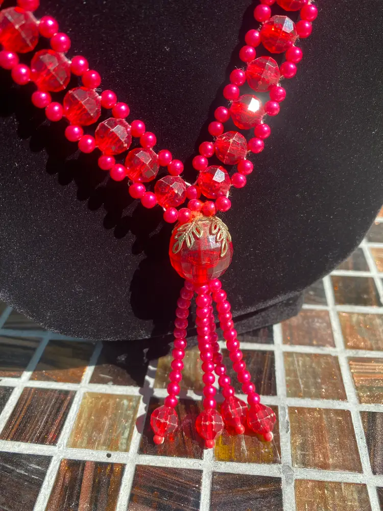 Vintage Red and Magenta Beads w/ Multi Bead Tassel  29"