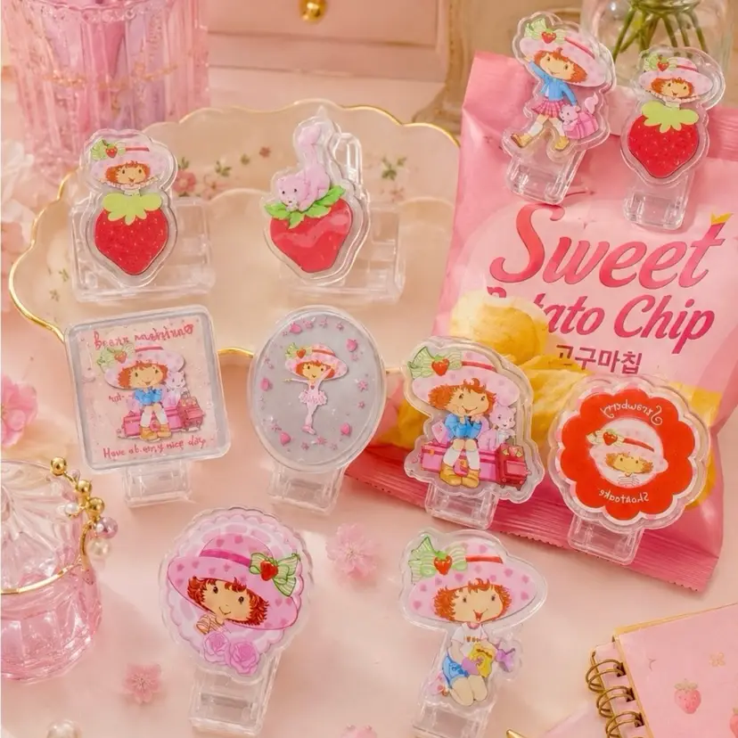 10 Handmade Strawberry Shortcake Acrylic Chip Clips Paper Clips. Retro Craft Gift