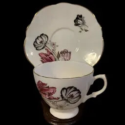 Pink & Black Rose Teacup & Saucer Floral Bone China Made In England
