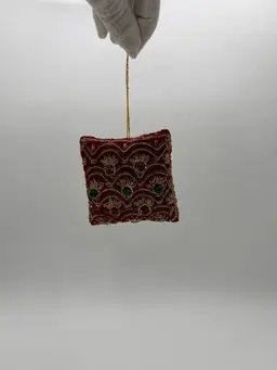 Vtg. Victorian Mid Century Hand Embroidered Zardozi Square Ornament Royal Red