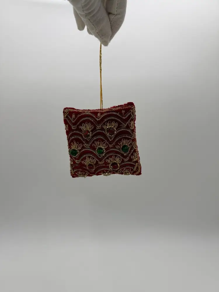 Vtg. Victorian Mid Century Hand Embroidered Zardozi Square Ornament Royal Red