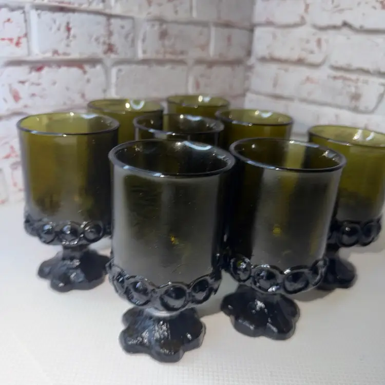Set Of 8 Vintage Franciscan Madeira Green Footed Glasses Tumblers Water Goblets