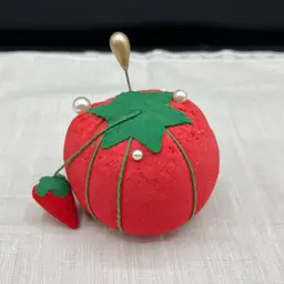 Red Tomato And Strawberry Pin Cushion With Pearl Top Pins (Hat Pin Included) 3.5” X 2.5”