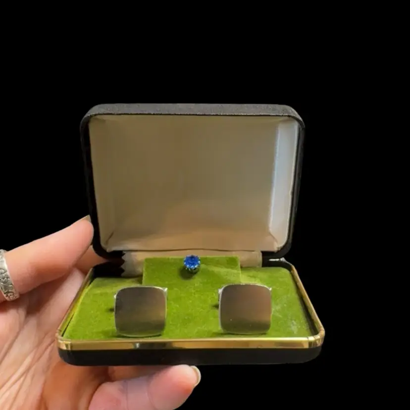 Vintage MCM Sterling Silver Modernist Cuff Links & Blue Tie Pin In Box