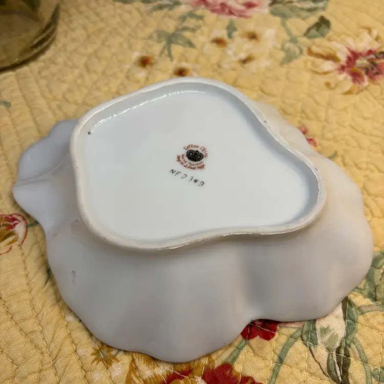 LEFTON Chintz Blue 1955 CROWN mark & Pat. Pending Gold Gilt Trim Soap Candy Nuts Trinket Ceramic Hand-Painted Dish Scalloped Edges