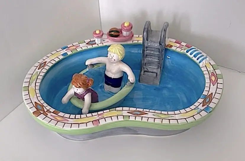 Vintage, ceramic chip and dip with boy and girl playing in a pool! So much fun!