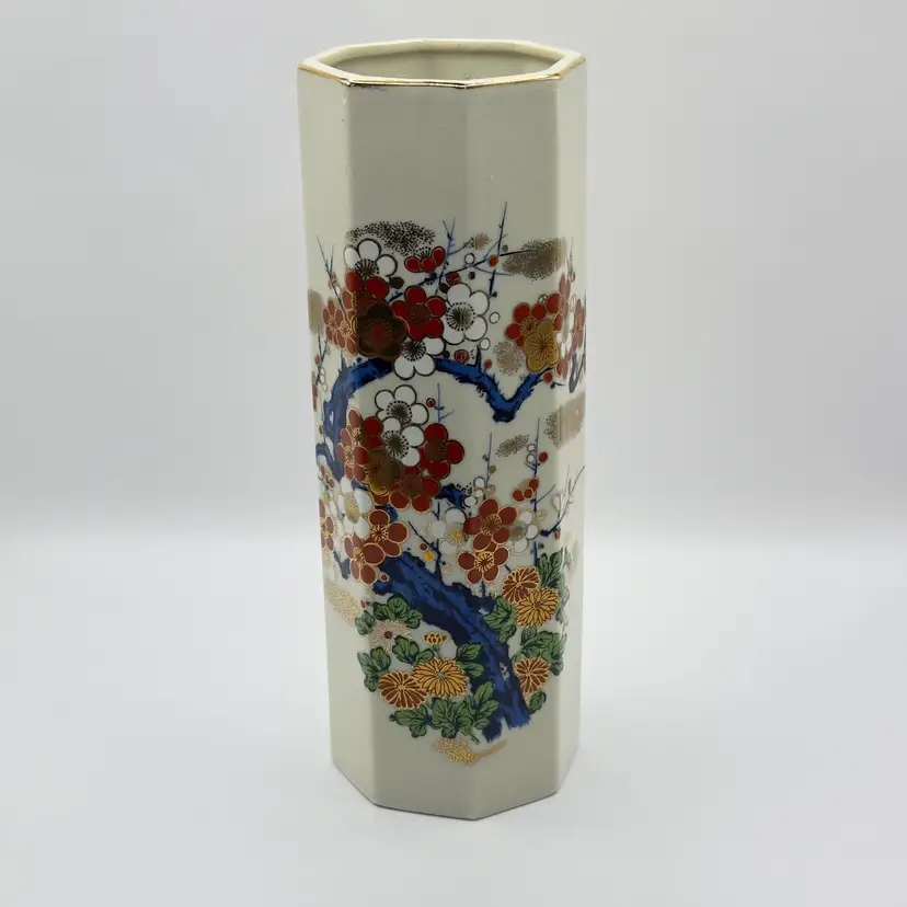 Vintage Uagaco Asian Crackle Glazed Hexagonal Porcelain Vase, Bonsai Tree Floral Design, By Uagaco, Made in Japan