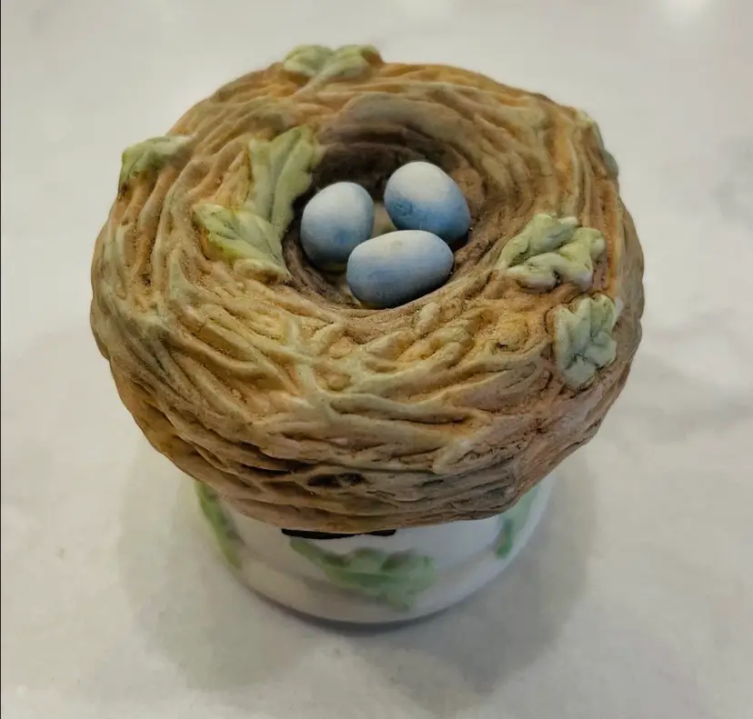 Marjolein Bastin, Porcelain, Bird Nest with Blue Eggs, Hinged Trinket Box, “Love Begins with Mother”