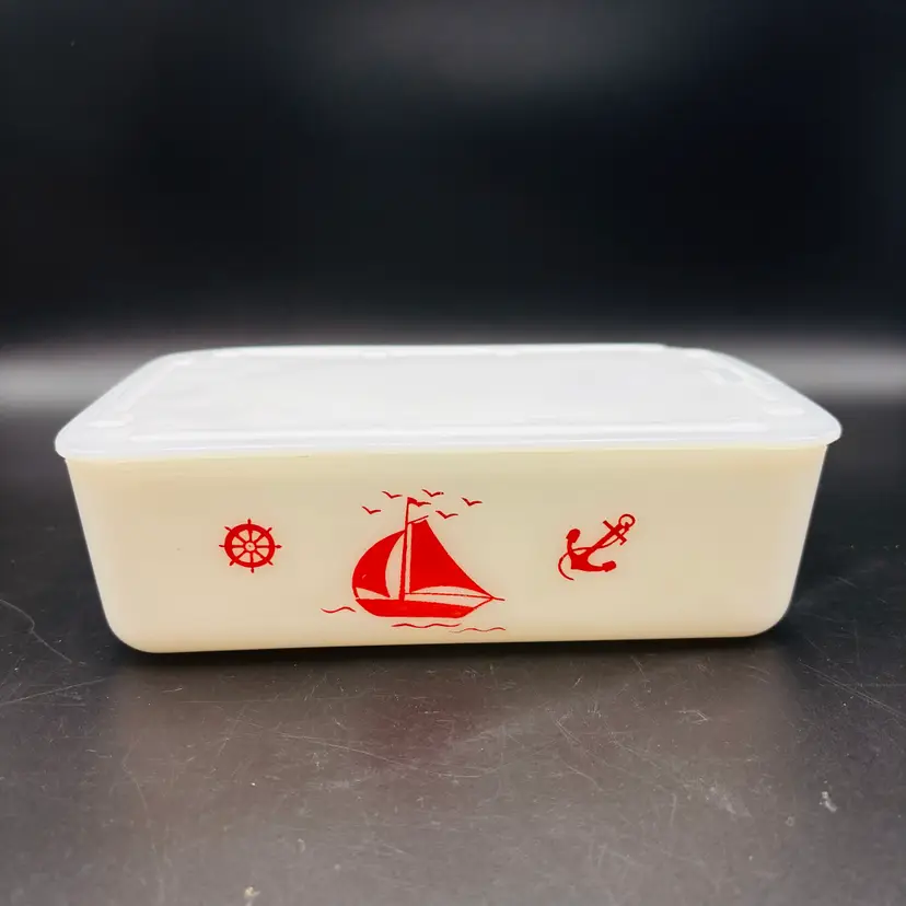 Vintage McKee Milk Glass With Red Sail Boat 8” x 5” Refrigerator Dish With Lid
