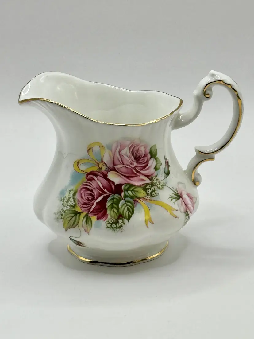 Vintage Fine Bone China Creamer Pitcher, “Celebration” Pattern Rose Floral Yellow Ribbon & Gold Trim, Hand-Painted Rose Design, By Royal Albert, Made in England