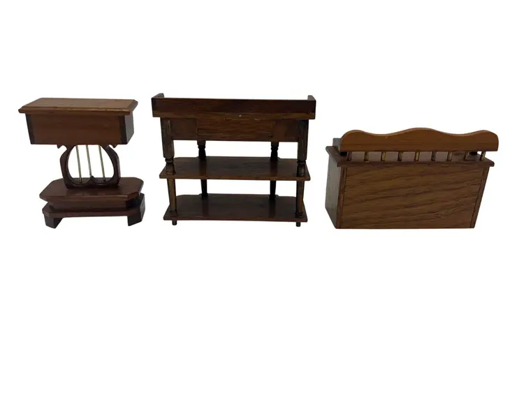 J.B. Miniatures Wood Dollhouse Furniture Lyre Table, Tiered Stand & Bench 1:12