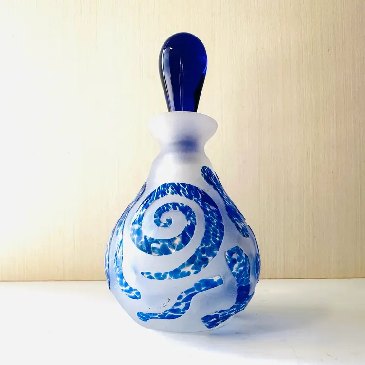 Vintage Art Glass Abstract Blue Perfume Bottle Frosted Glass