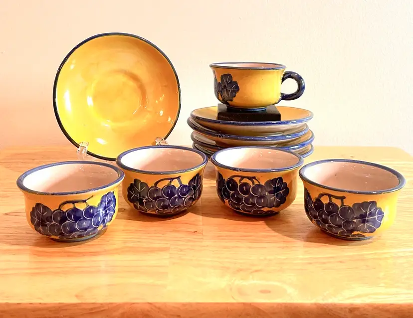 Rare Vtg Vietri 10 Piece Set Of Espresso Cappuccino Cups And Saucers Yellow Blue