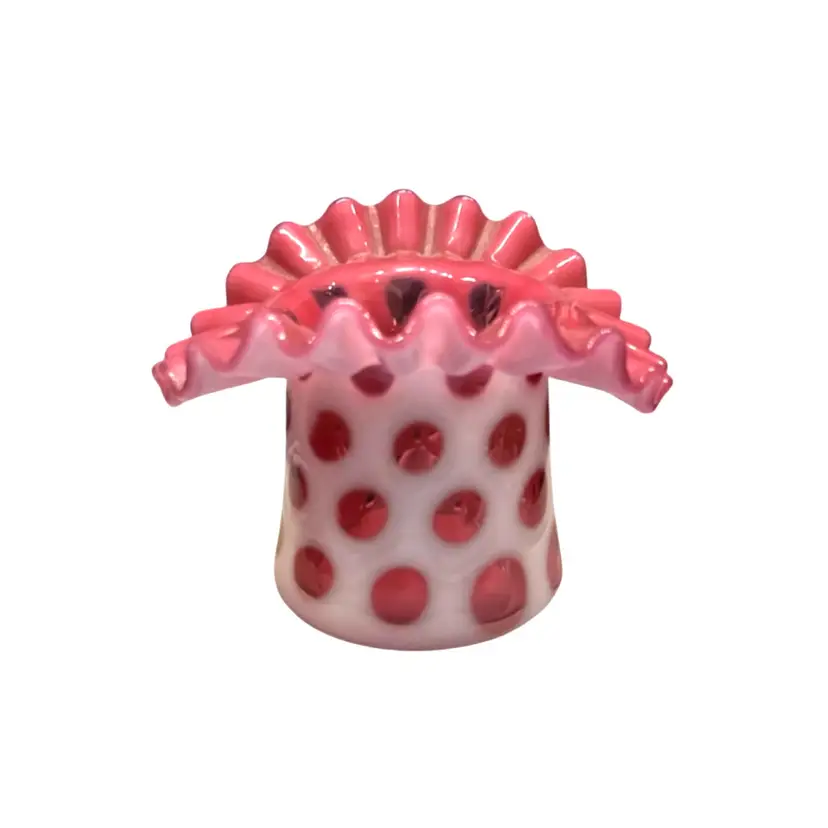 Vintage Fenton Top HatArt Glass Vase Dark Cranberry Opalescent Coin Dot w/ Ruffled Crimped Brim 1848-54