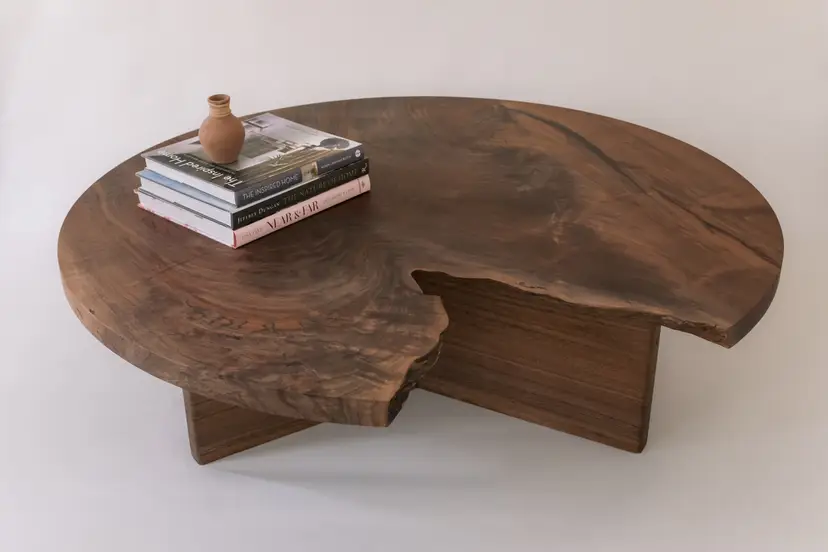 48" Claro Walnut Slab Round Coffee Table With Walnut Base