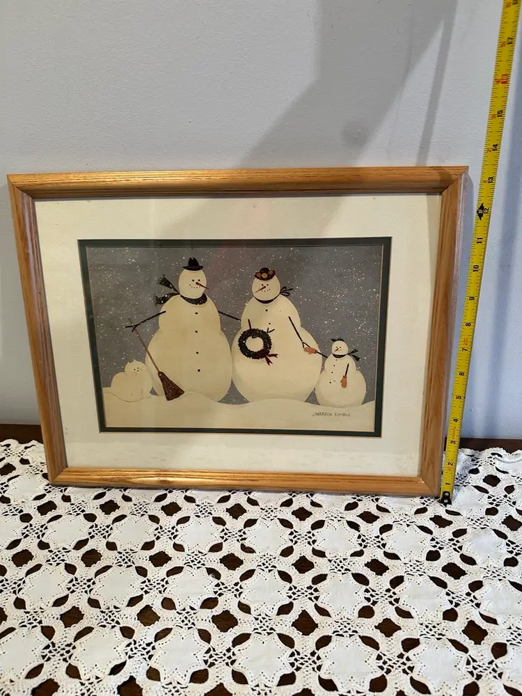 Framed Folk art print titled "Snow Family" by American folk artist Warren Kimble.