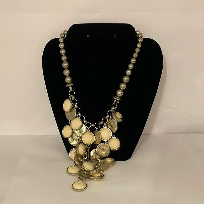 #510 Silver And Cream Necklace Plastic And Metal Statement Piece Heavy