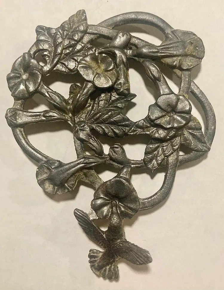 Metzke Pewter Vintage Hummingbird And Flowers Trivet 1986 Spring Easter 3.25x4in