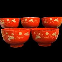 5- 4 1/4" Made in Japan Brick Red Soup Bowl w/ Rabbit and floral Gold Accents on One Side of Bowl