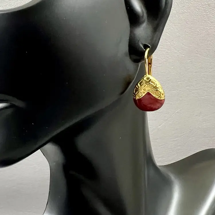 Edgar Berebi Gold Tone Red Enamel Teardrop Drop Earrings Leverback Signed E.B.