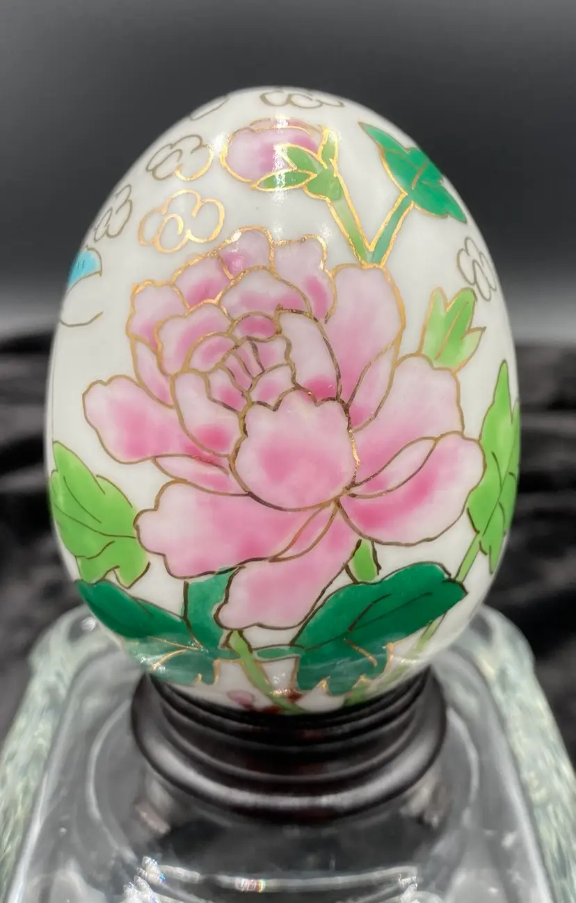 Vintage Japanese Hand-Painted Porcelain Egg, Pink Lotus Flower, w/wood stand