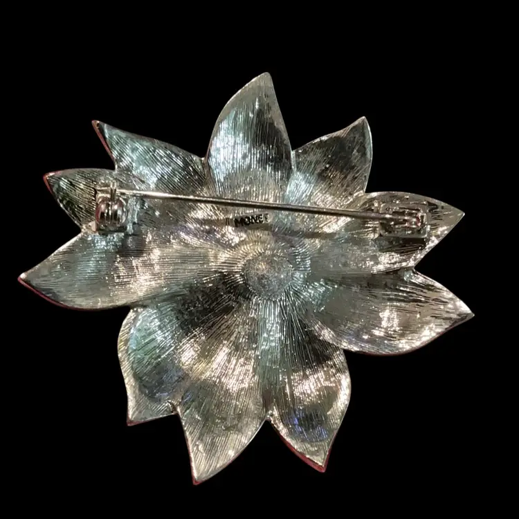 Vintage Silvertone Monet Poinsettia Brooch. Enamel  Bronze Color Leaves And Pave Clear GL Crystals.  Note - Pin Is Little Loose. Marked Down Price! Still Very Gorgeous Brooch , Need Some TLC