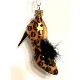 Christborn Germany Christmas Stiletto Shoe Leopard Print Glass Ornament with Black Feather 4 in Height