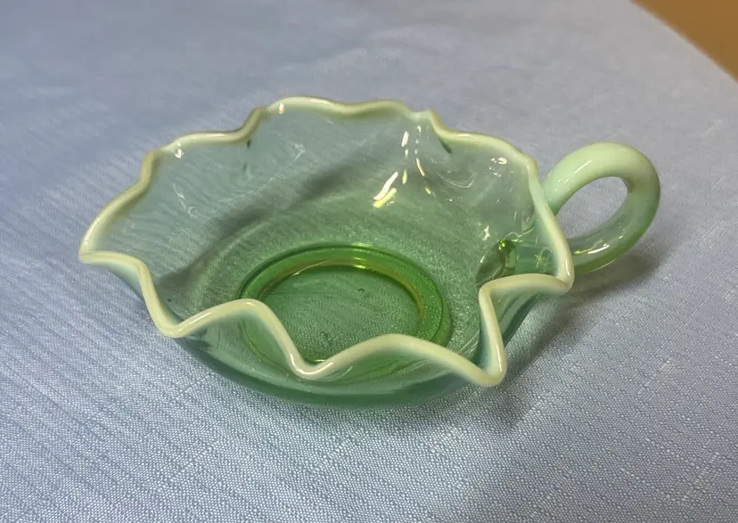 Dugan Glass opalescent Green Ruffled Nappy Dish with Handle 1906