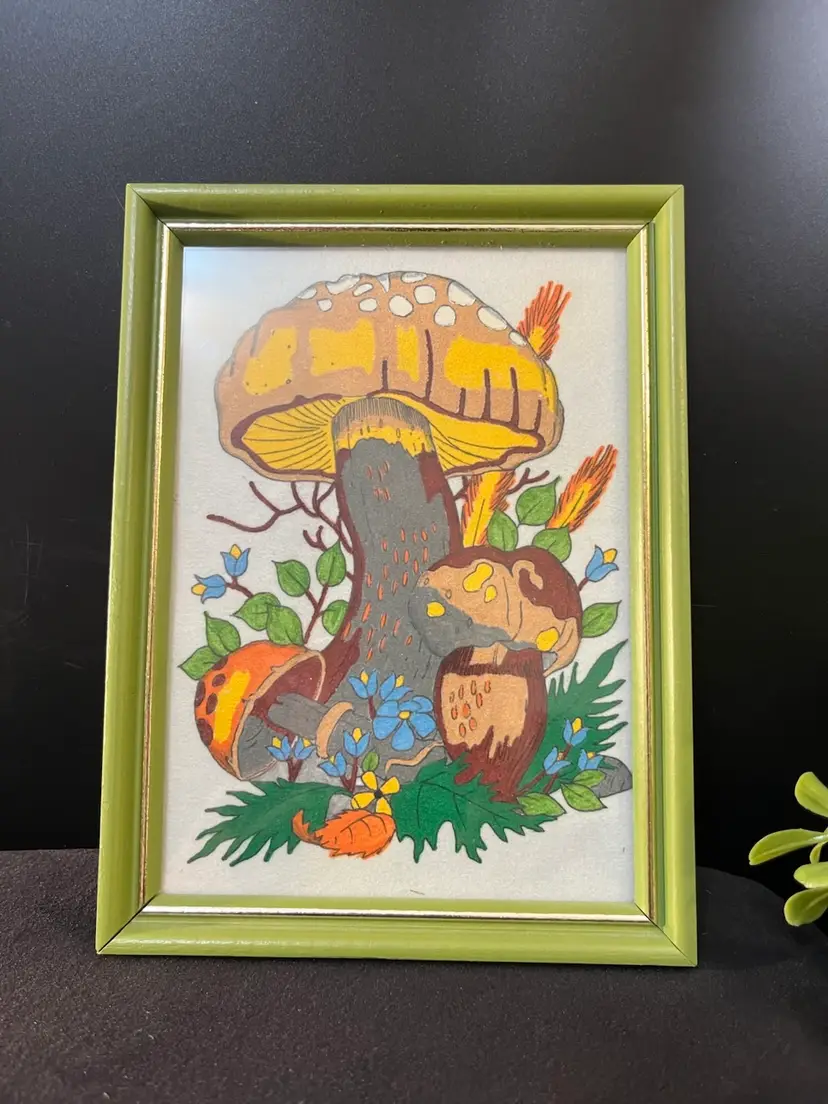 1970s Fabric Art-Groovy Mushroom Picture w/ Frame