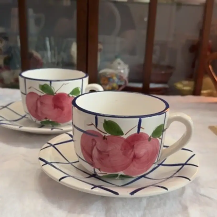 Pair Of Vintage Himark Hand-Painted Apples Design Soup Bowl & Plate, Made In Portugal