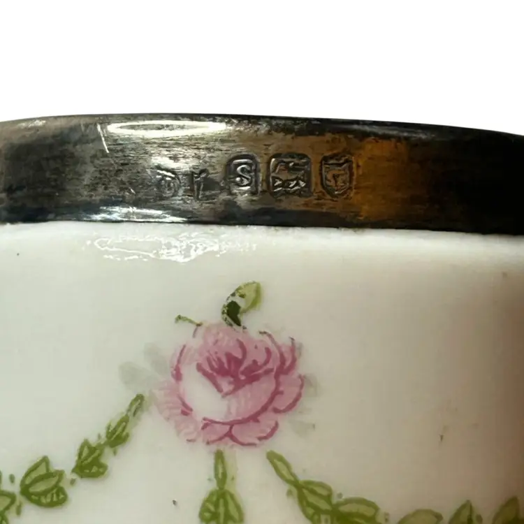 Vintage 7 Hole Pink And Green Floral With Silver ring On Top @ 4 3/4x2 3/4