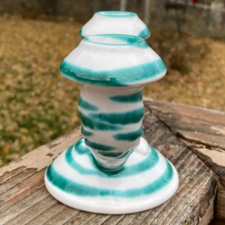 Gmundner Keramik, Dizzy Green, Double Candleholder. 6.25”l x 4.25”h. Stamped.
Made in Austria.