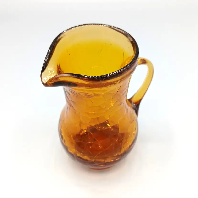 Unmarked Amber Crackle Glass Mini Pitcher