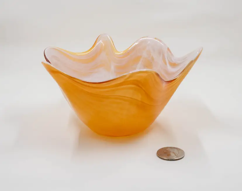Vintage Hand-Blown Art Glass Bowl, Orange and White Swirl