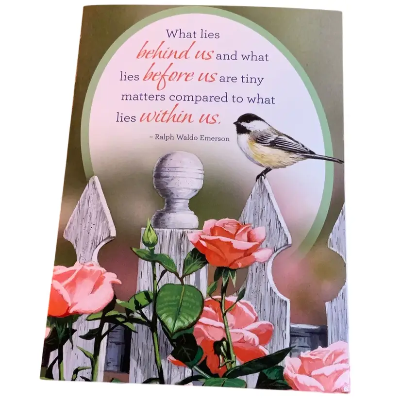 Vintage Sympathy Greeting Card Featuring A Cute Pudgy Bird With Gorgeous Pink Roses And A White Fence