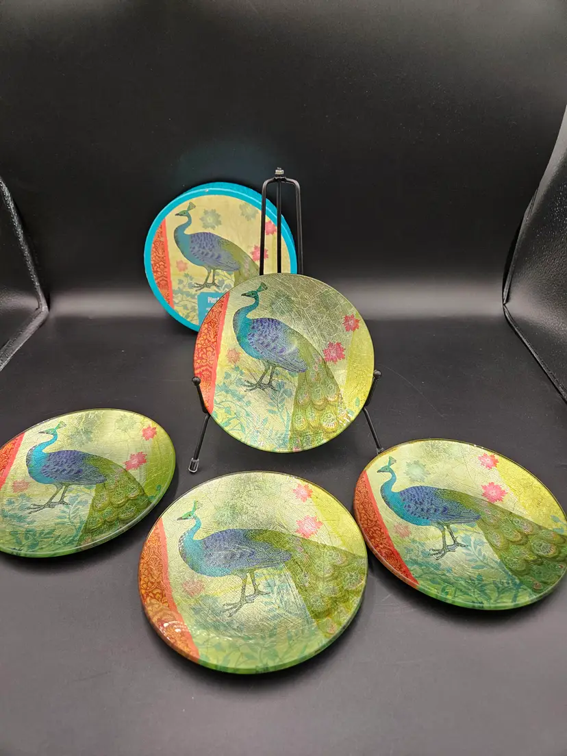#TR5 Pier 1 Imports Peacock Appetizer Plate Set of 4