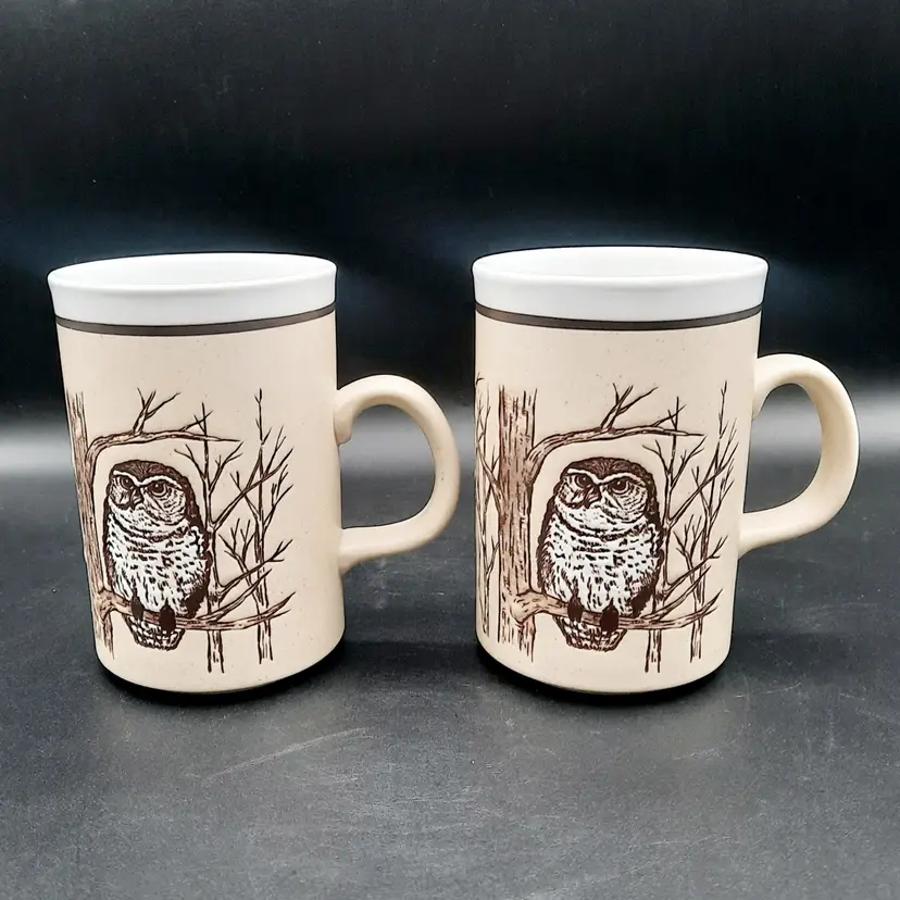 Vintage Owl In Trees Mugs Set of 2 Beige Brown