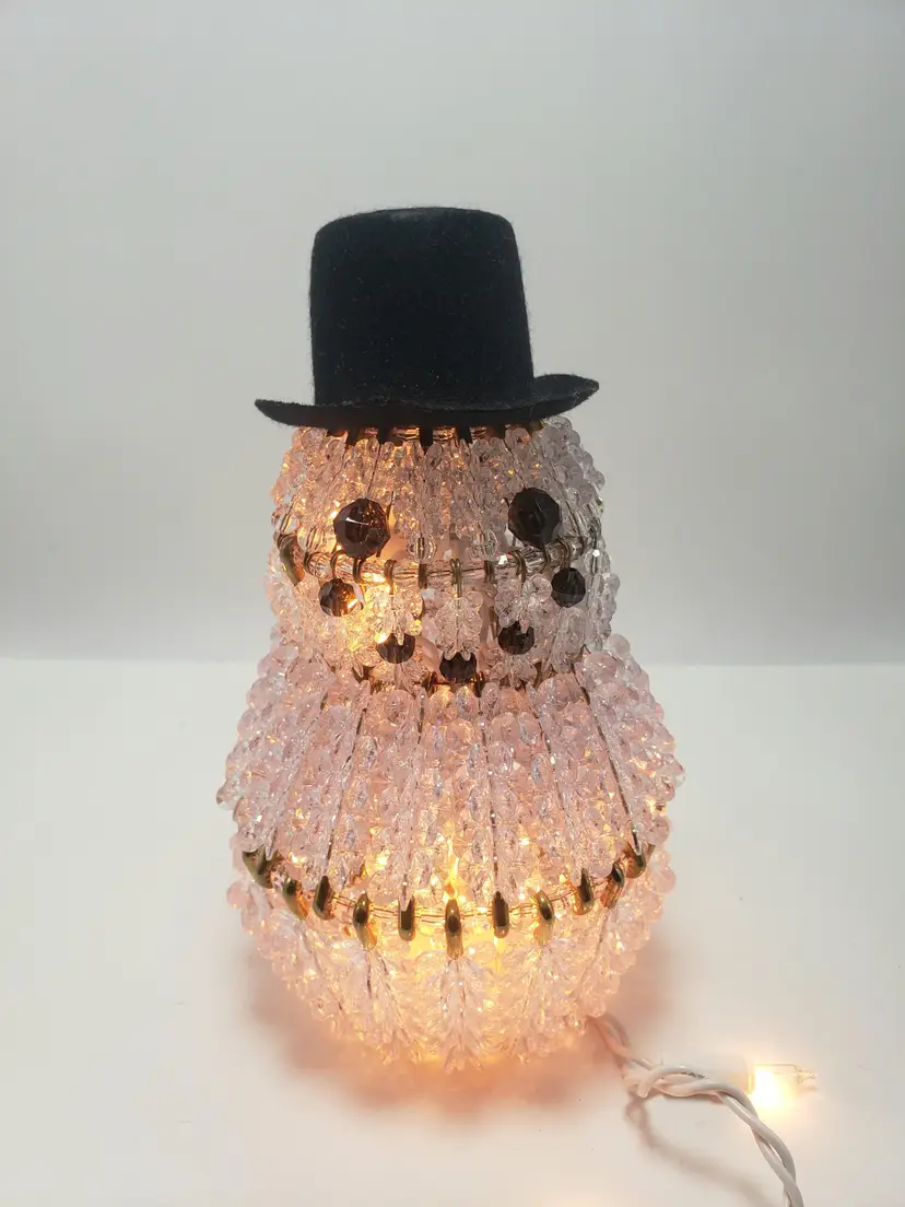 Vintage Lighted Safety Pin Snowman Beaded w Lights & Top Hat Electric Handmade. This cute snowman stands about