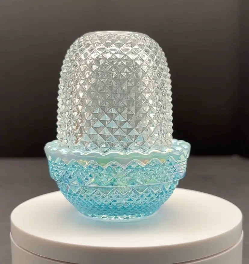 Mosser Blue Opalescent Carnival Glimmer Courting Fairy Lamp 4" *GLOWS*