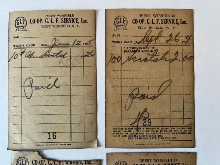 Antique General Store Receipts. 1935 Co-Op GLF Service Ephemera. West Winfield NY