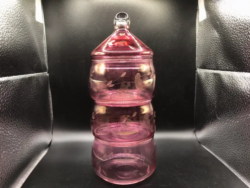 Cranberry Princess House Heritage Stacking Candy Dish Jars w Lid Etched Pink ‘74