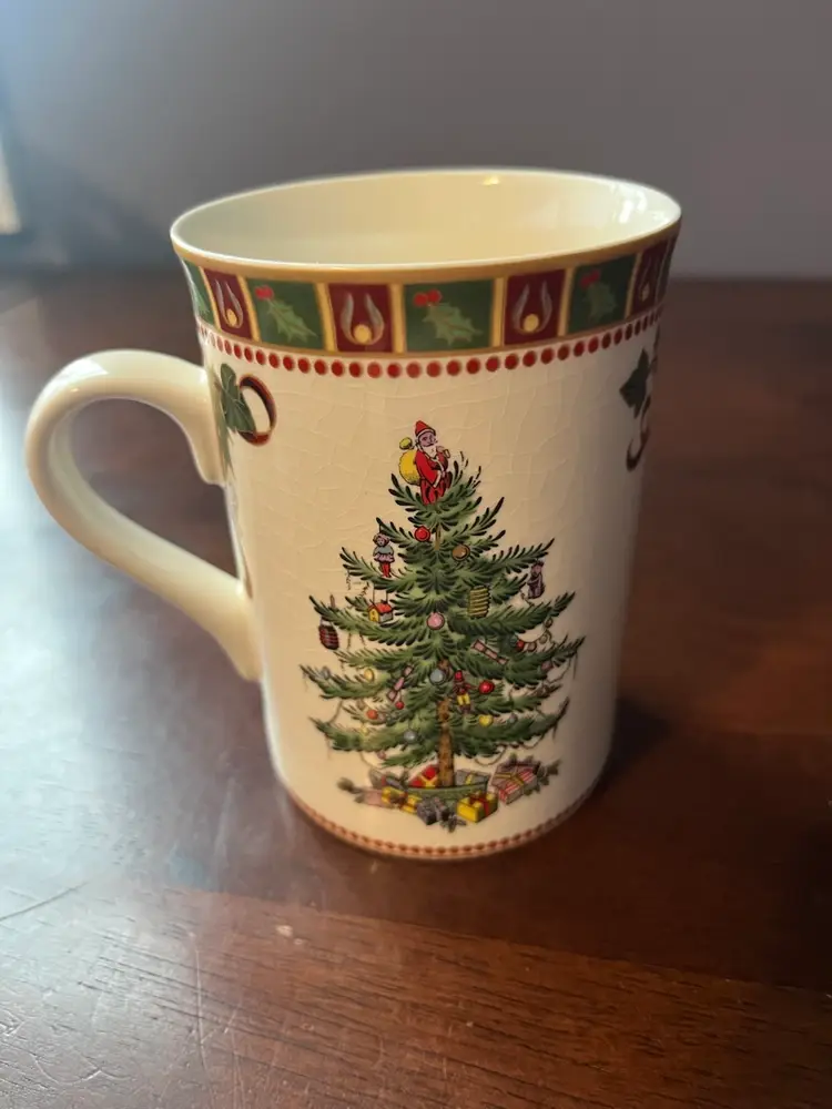 Vintage Spode Christmas Tree decorated tin with a lid And Coffee Cup Inside. Tin Is  5”x4” Cup Is 4” Hx 3” W