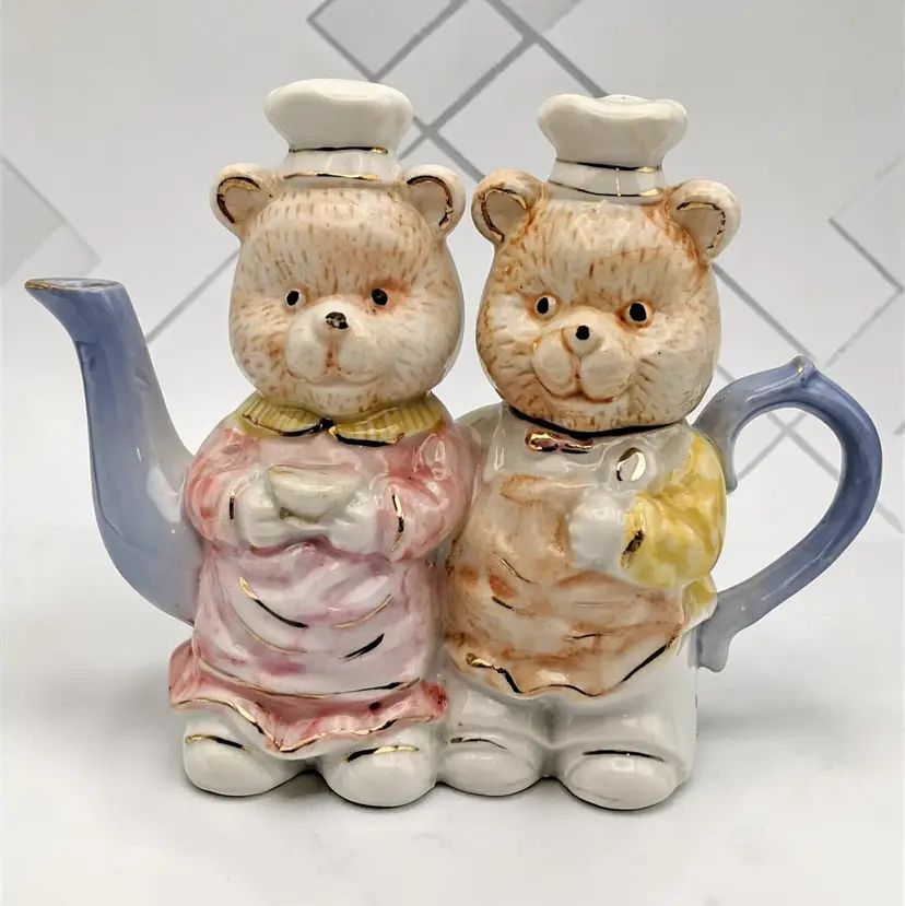 Papa Dad and Mama Mom Chef Teddy Bear Ceramic Decorative Teapot Kitsch Whimsical